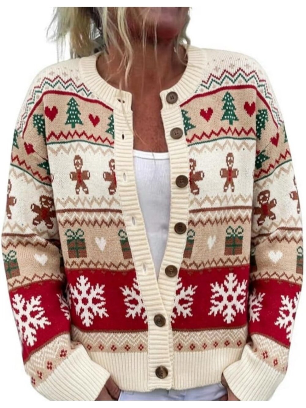 Women’s Cream Red Fair Isle Gingerbread Ugly Christmas Cardigan Sweater